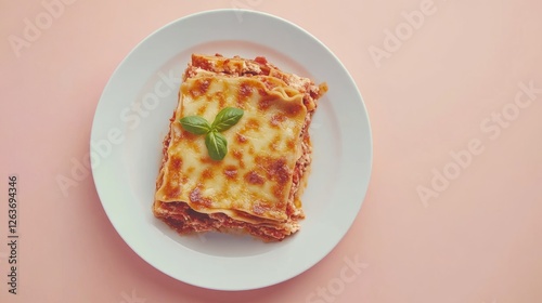 Delectable lasagna plate on soft peach background   photo