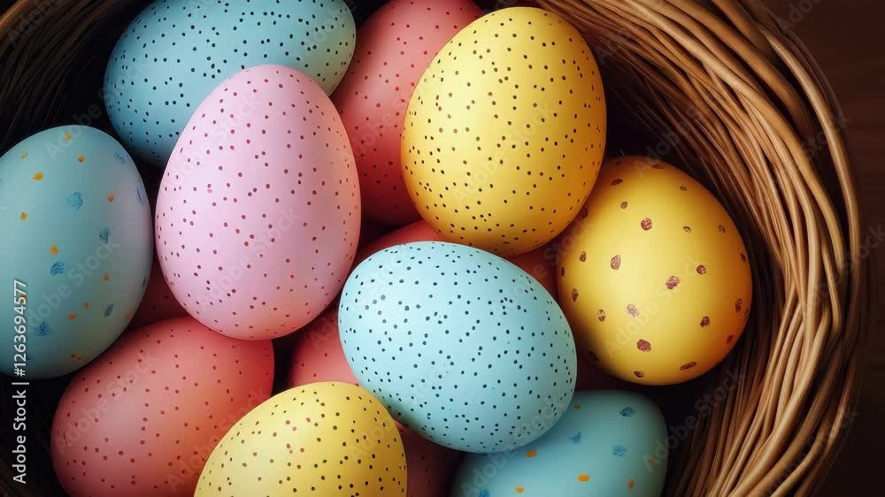 Colorful easter eggs in woven basket: spring holiday celebration theme Colorful easter eggs in woven basket: spring holiday celebration theme