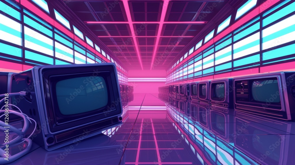 A vibrant retro-futuristic hall filled with glowing neon screens and reflections, evoking a nostalgic yet futuristic atmosphere. AI generated.