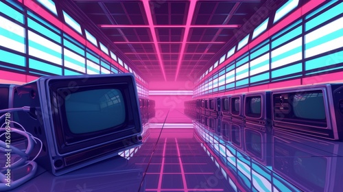 Obraz na płótnie A vibrant retro-futuristic hall filled with glowing neon screens and reflections, evoking a nostalgic yet futuristic atmosphere. AI generated. w salonie