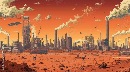 A sprawling industrial scene under a vivid orange sky, featuring smokestacks, flying airships, and barren land. A vibrant, futuristic artwork. AI generated.
