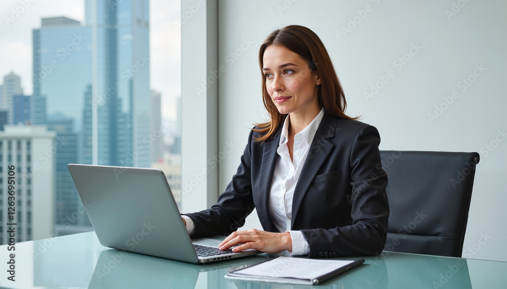 Professional woman working on laptop in modern office Professional woman working on laptop in modern office