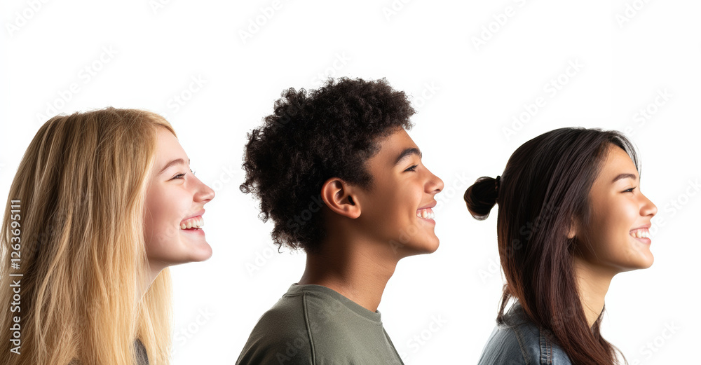 A side-view studio portrait of three smiling students. The first is a teenage girl with long blonde hair The second is an afro american boy. A side-view studio portrait of three smiling students. The first is a teenage girl with long blonde hair The second is an afro american boy.