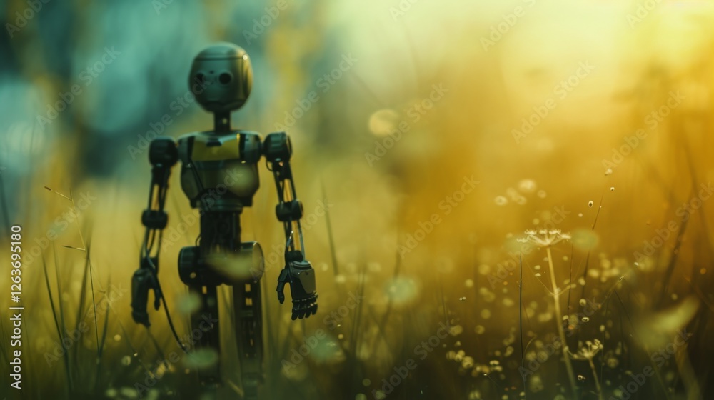 A humanoid robot stands in a tranquil meadow bathed in golden sunlight, blending technology with the serenity of nature in a dreamlike atmosphere. AI generated.