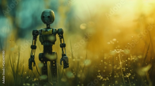 Obraz na płótnie A humanoid robot stands in a tranquil meadow bathed in golden sunlight, blending technology with the serenity of nature in a dreamlike atmosphere. AI generated. w salonie