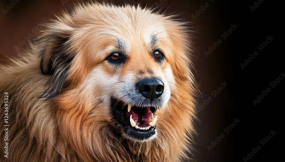 Fototapeta premium Fluffy dog with a vibrant expression resting in warm evening light