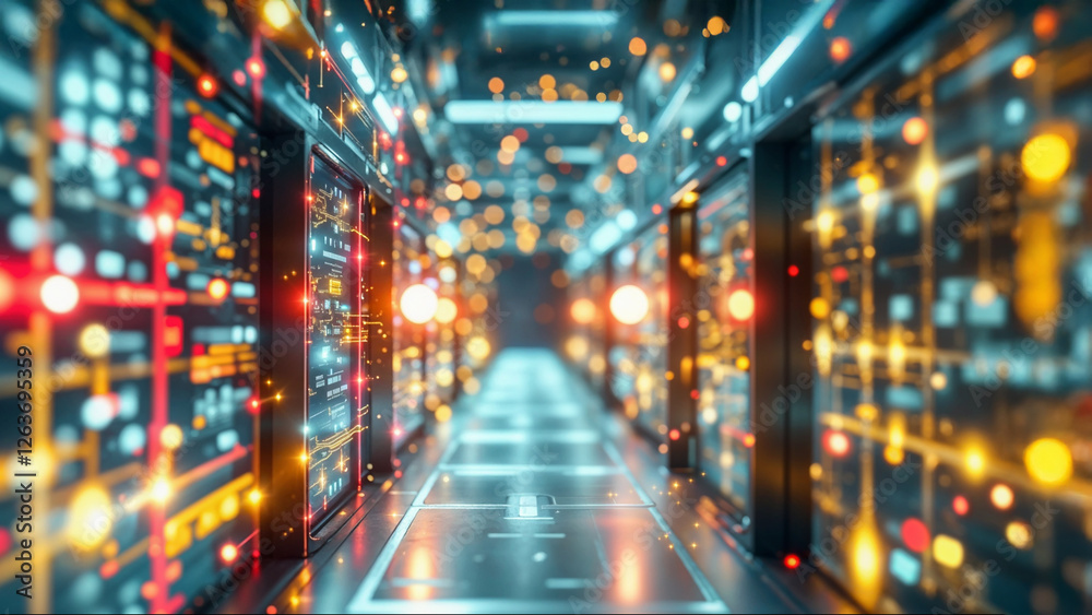 Fototapeta premium IT. Centralized storage. Data Centre with bokeh lights. The Future of High-Performance Computing in a Data Center.