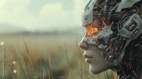 Obraz na płótnie A close-up of a futuristic female cyborg with glowing orange mechanical components, set against a serene natural background, blending technology and nature. AI generated. w salonie