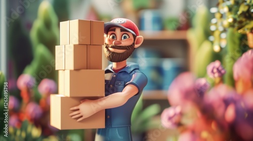 A happy animated delivery worker with a beard holding a stack of boxes, standing in a colorful garden. Bright and cheerful delivery service illustration. AI generated.