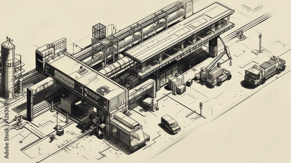 Isometric illustration of a large industrial complex with trucks, pipes, and equipment, offering a technical and organized visual of a functional workspace. AI generated.