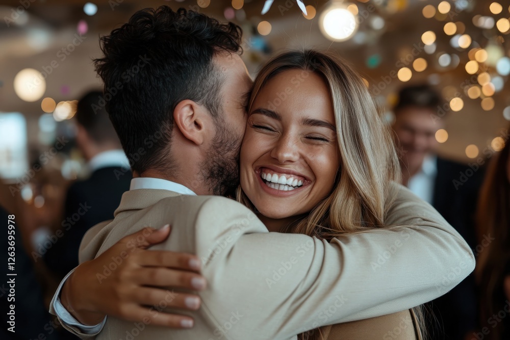 Fototapeta premium A happy couple shares a warm embrace amidst a festive atmosphere, reflecting genuine joy and connection during a special celebration event filled with excitement and love.