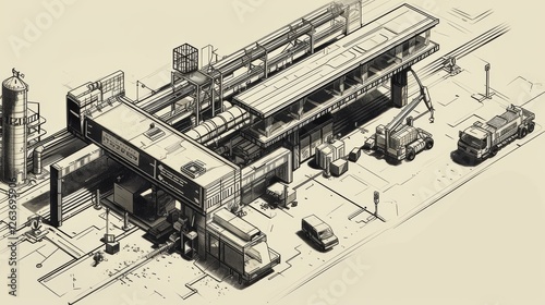 Obraz na płótnie Isometric illustration of a large industrial complex with trucks, pipes, and equipment, offering a technical and organized visual of a functional workspace. AI generated. w salonie