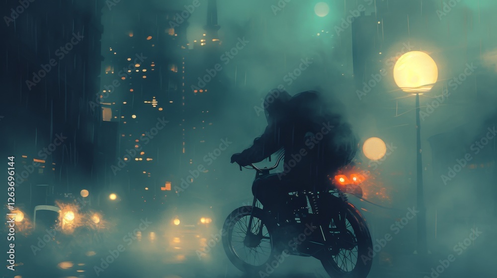 A silhouetted cyclist rides through a foggy, neon-lit cityscape at night, capturing a moody and cinematic urban atmosphere. AI generated.