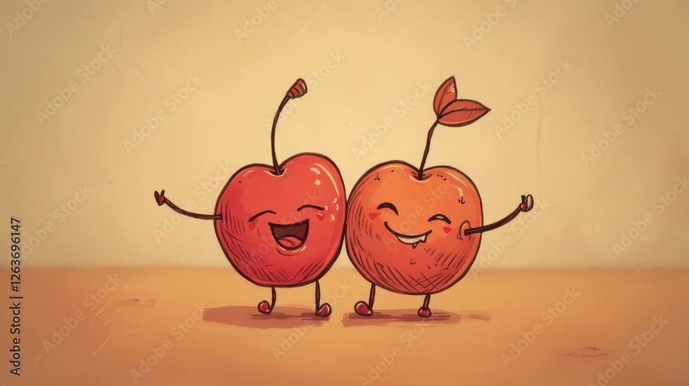 Two vibrant cherries illustrated with cheerful cartoon faces on a beige background, expressing joy and playfulness. Perfect for whimsical or fun-themed projects. AI generated.