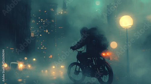 Obraz na płótnie A silhouetted cyclist rides through a foggy, neon-lit cityscape at night, capturing a moody and cinematic urban atmosphere. AI generated. w salonie