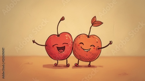 Obraz na płótnie Two vibrant cherries illustrated with cheerful cartoon faces on a beige background, expressing joy and playfulness. Perfect for whimsical or fun-themed projects. AI generated. w salonie