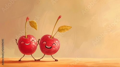 Two happy cartoon cherries with leaves and vibrant expressions, set in a warm, artistic background with a joyful, lighthearted mood. AI generated.