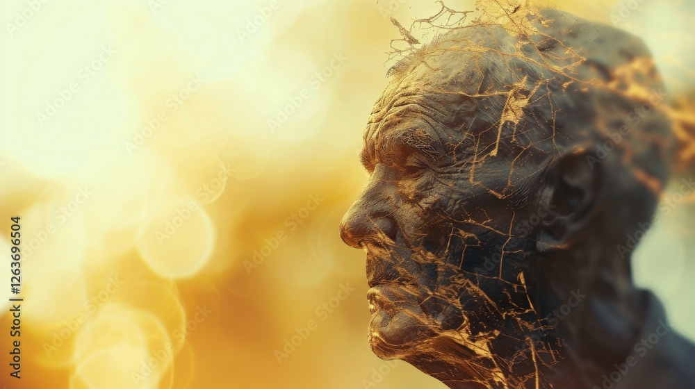 A close-up of an elderly man's face intricately designed with crack textures and shimmering gold accents, symbolizing wisdom and resilience. AI generated.