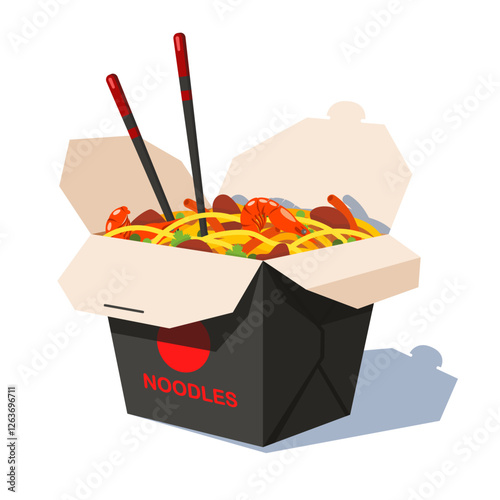 Cardboard box with vegetables, pork and shrimps. Isolated on white background. Modern flat style vector illustration