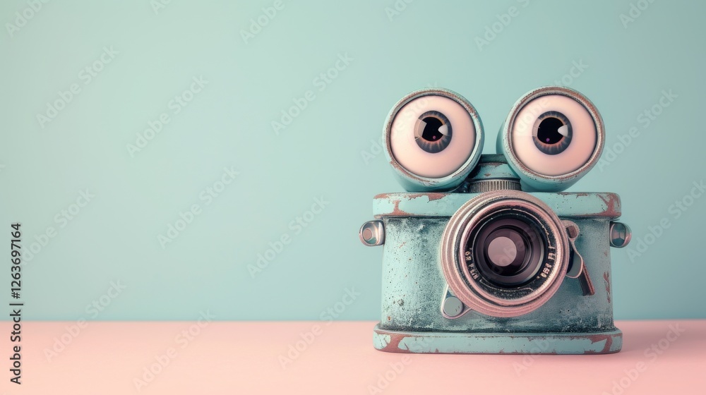 Retro camera design with exaggerated features resembling human eyes and mouth. Set on a pastel background for a fun and whimsical visual effect. AI generated.
