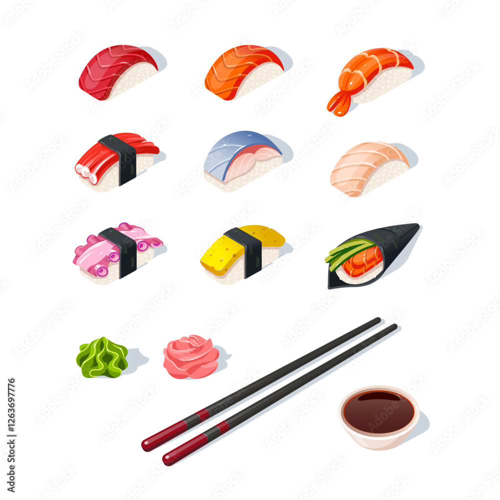 Naklejka premium Sushi 1 set rolls, isolated on white background. Modern flat style vector illustration