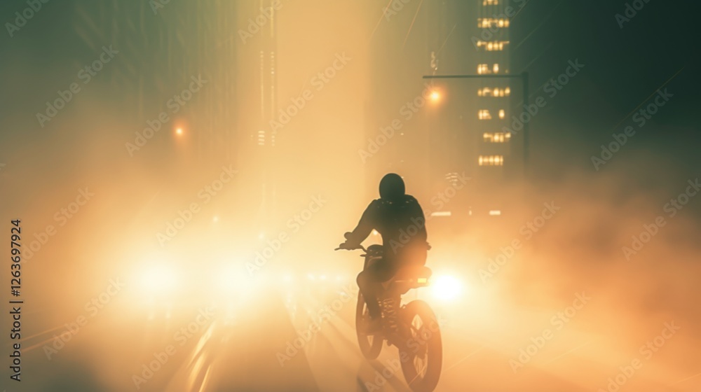 A lone motorcyclist rides through a neon-lit foggy city at night, surrounded by hazy headlights and towering buildings. The cinematic lighting creates a cyberpunk atmosphere. AI generated.