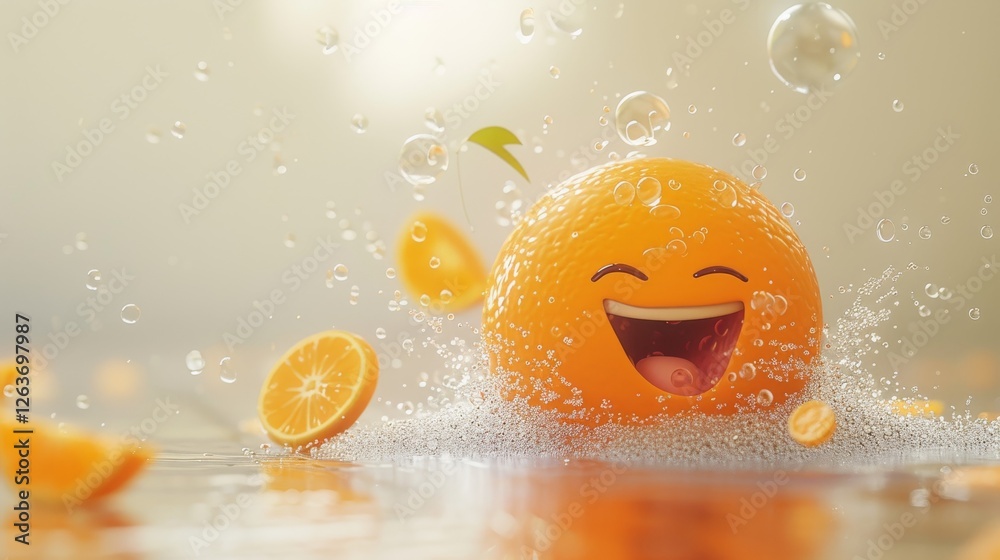 A vibrant cartoon orange with a big smile, splashing in water surrounded by bubbles and orange slices. Energetic and playful food concept illustration. AI generated.