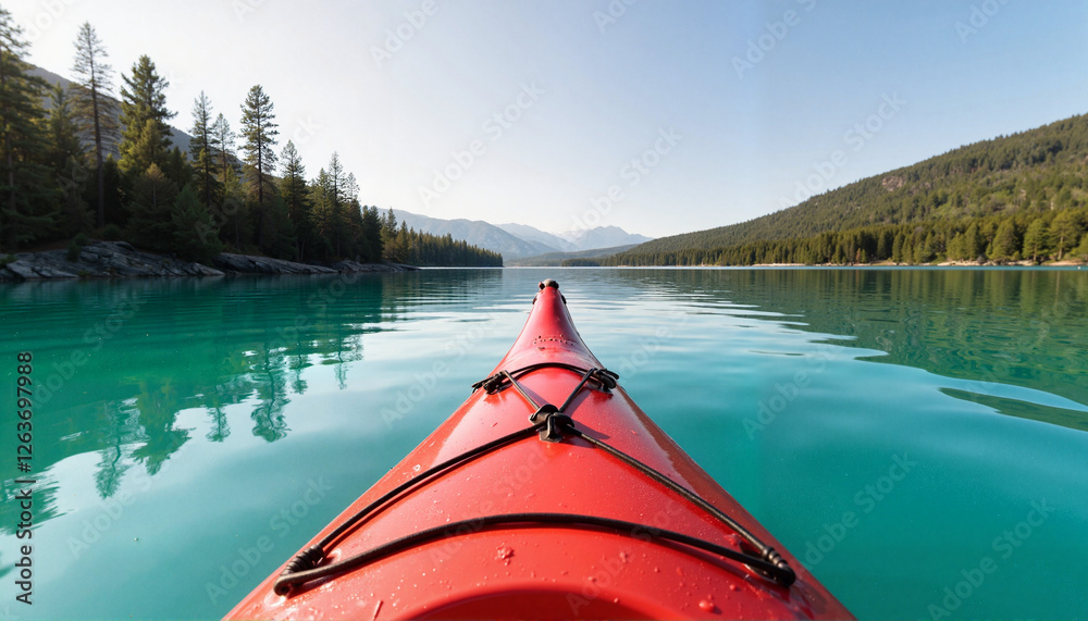 Fototapeta premium Red kayak gliding across a turquoise lake surrounded by mountains and pine trees