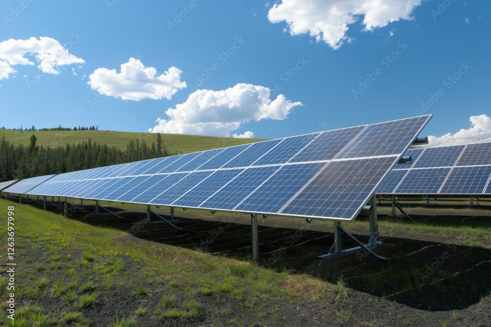 Solar panels in sunny field with fluffy clouds. Neural network AI generated