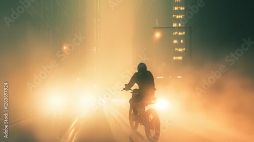 A lone motorcyclist rides through a neon-lit foggy city at night, surrounded by hazy headlights and towering buildings. The cinematic lighting creates a cyberpunk atmosphere. AI generated.