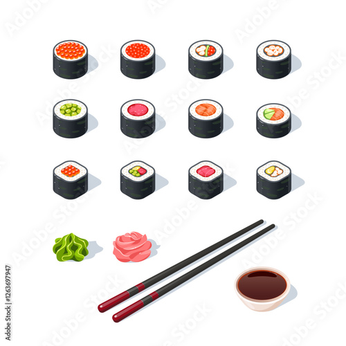 Sushi 3 set top view. Soy sauce with ginger and chopsticks on a white background. Modern flat style vector illustration