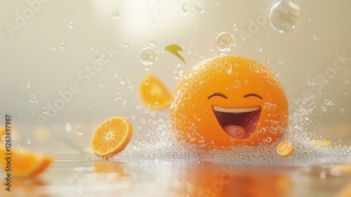 Obraz na płótnie A vibrant cartoon orange with a big smile, splashing in water surrounded by bubbles and orange slices. Energetic and playful food concept illustration. AI generated. w salonie