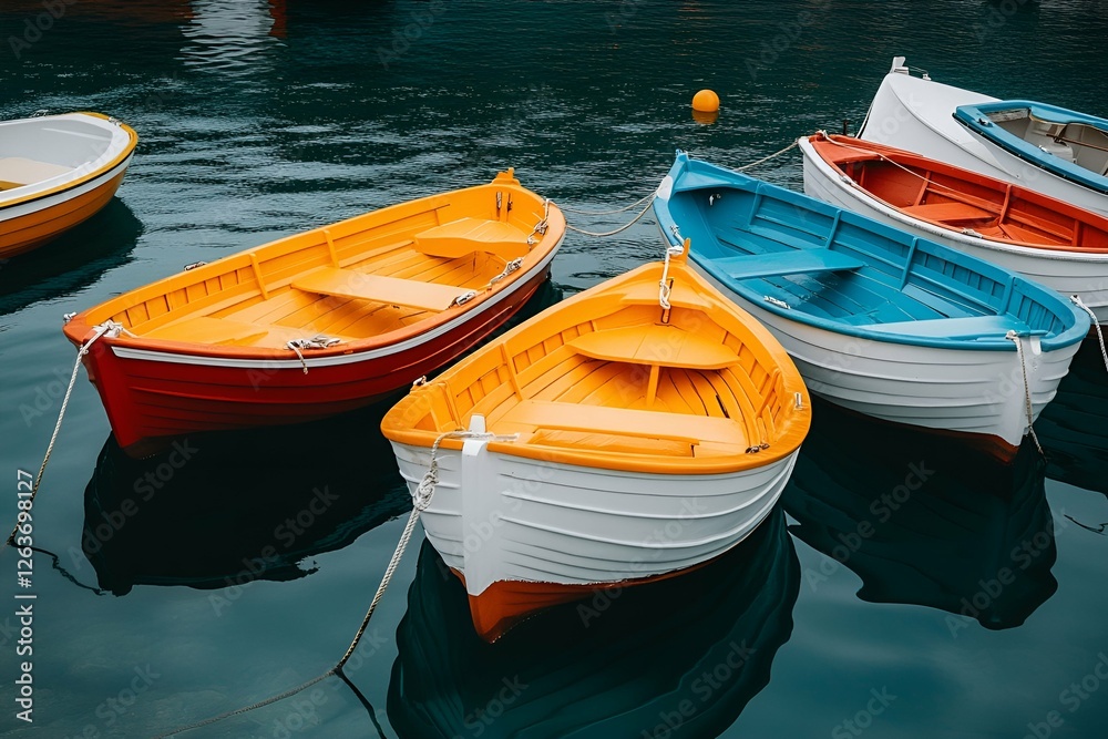Obraz premium a group of colorful wooden fishing boats floating on calm water, reflecting vibrant hues of red, blue, yellow, and white
