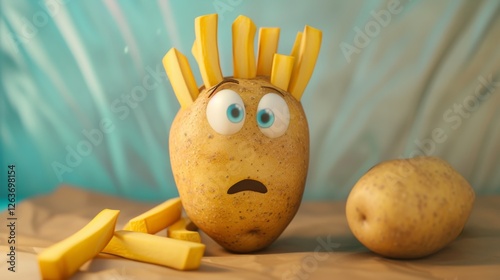Obraz na płótnie Quirky animated potato character with expressive blue eyes and fries resembling hair, showcasing humor and creativity. Perfect for fun or culinary-themed visuals. AI generated. w salonie