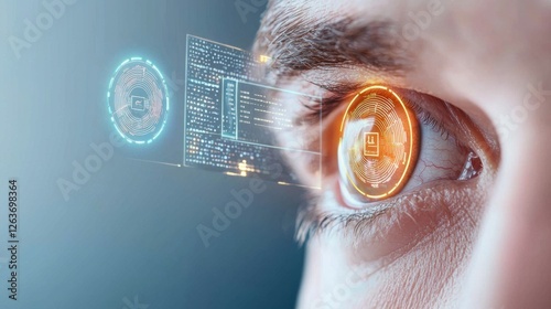 A high tech biometric security system scanning a human eye, glowing holographic authentication layers verifying identity, encrypted data floating