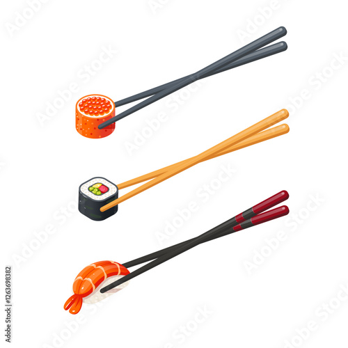 Three sets of chopsticks hold sushi. Isolated on white background. Modern flat style vector illustration