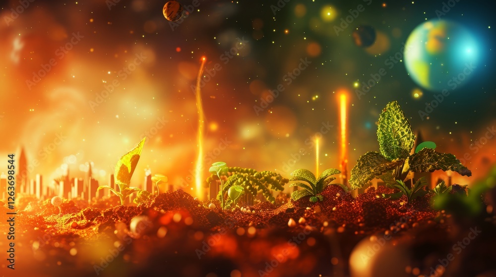 Vibrant futuristic artwork showing plants, planets, and a city skyline merging, symbolizing harmony between nature and technology. AI generated.