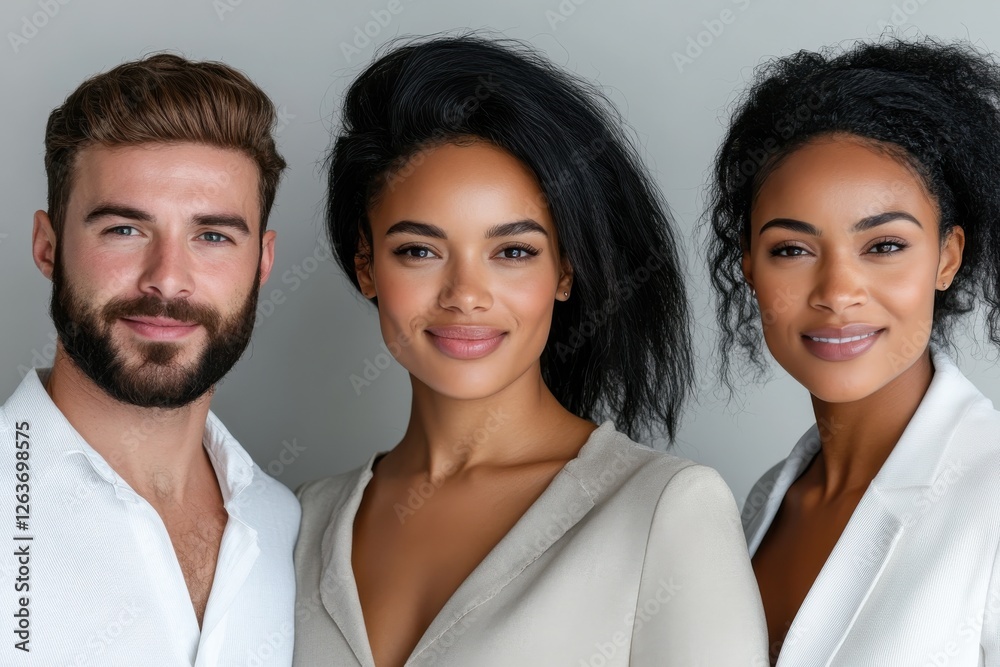 This engaging image showcases three stylish individuals poised together, radiating confidence and charisma, embodying modernity in a professional social setting. This engaging image showcases three stylish individuals poised together, radiating confidence and charisma, embodying modernity in a professional social setting.