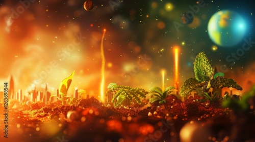 Obraz na płótnie Vibrant futuristic artwork showing plants, planets, and a city skyline merging, symbolizing harmony between nature and technology. AI generated. w salonie