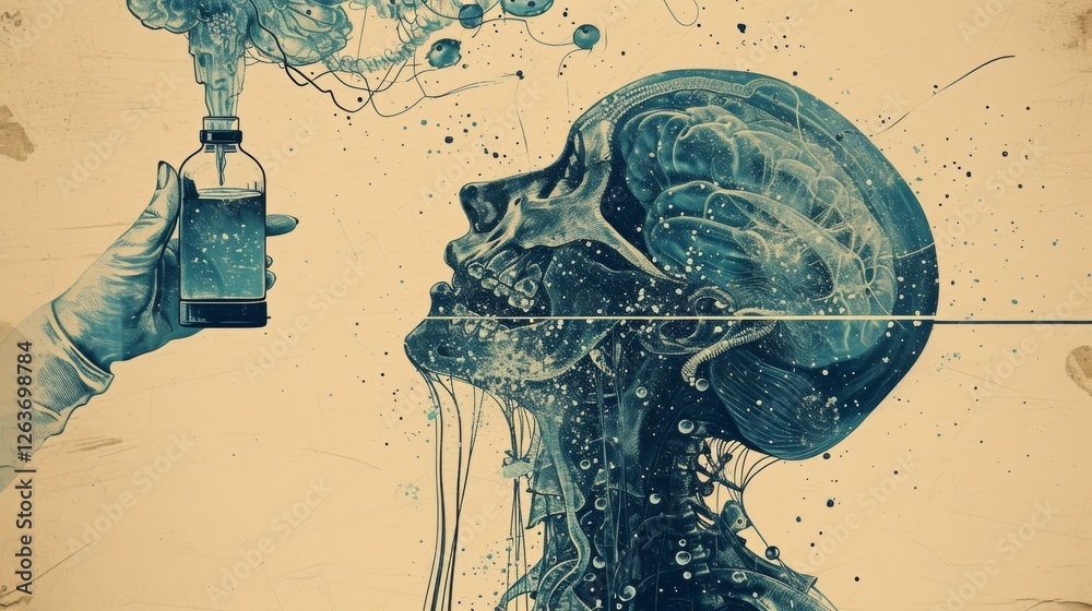 A visually striking concept of experimental science, featuring a human brain integrated with scientific tools, blending neural elements and innovative ideas. AI generated.
