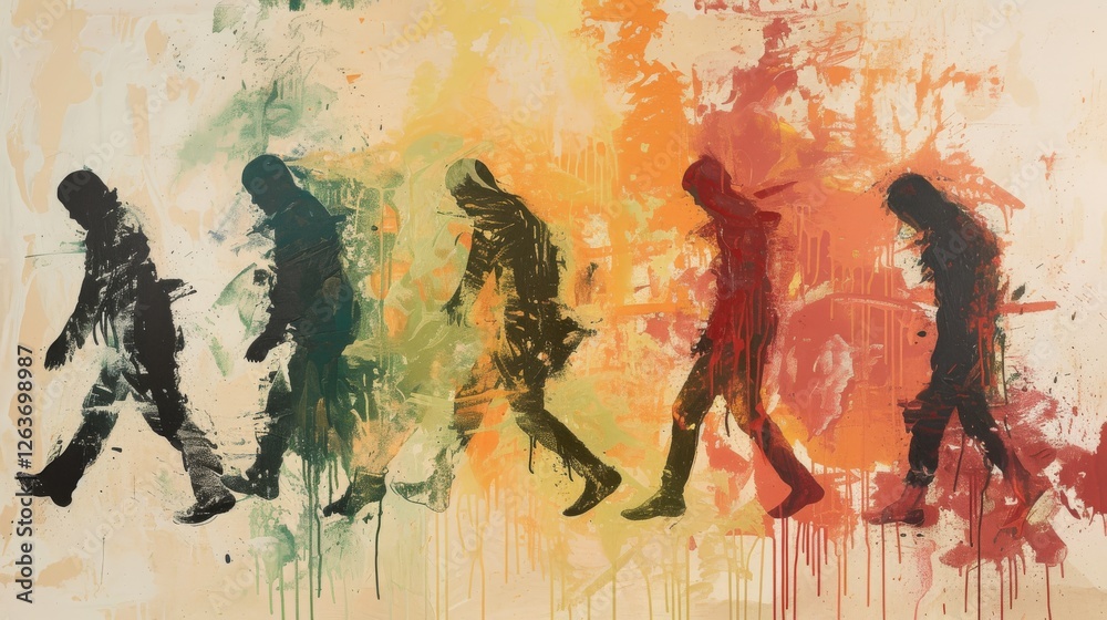 Vibrant abstract artwork depicting human evolution in silhouettes, layered with dynamic paint splashes in warm and cool tones. AI generated.