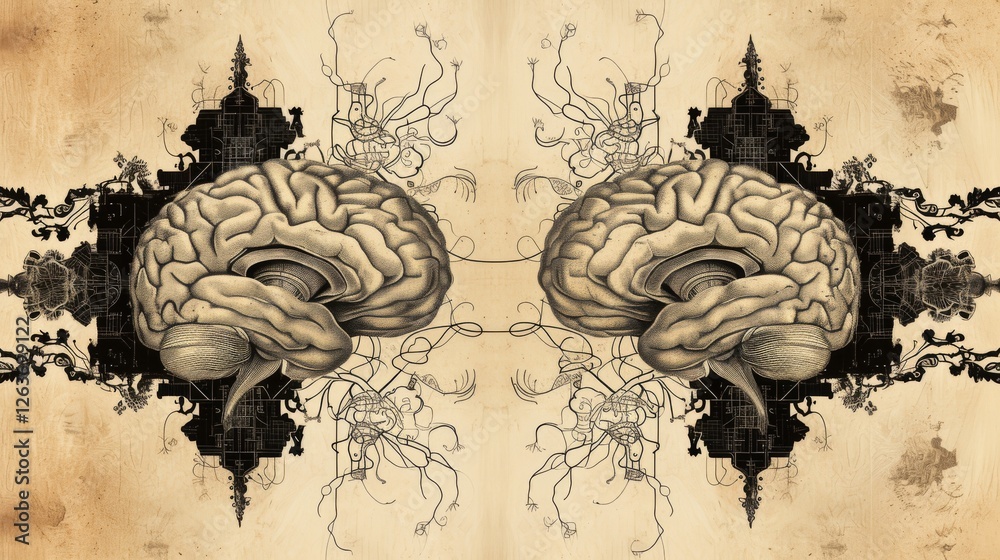 Two mirrored anatomical brains set against a vintage background, surrounded by intricate details and organic elements. A creative fusion of science and art. AI generated.