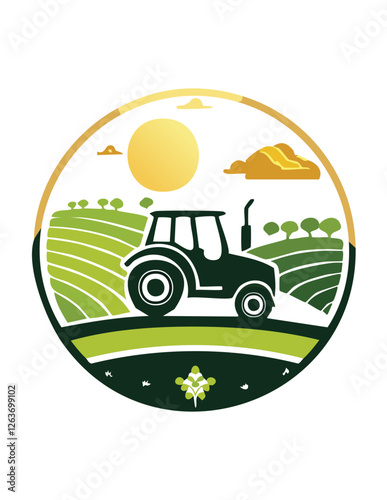 A stylized tractor on rolling farmland with a bright sun, clouds, and green fields in a circular frame.