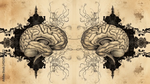 Obraz na płótnie Two mirrored anatomical brains set against a vintage background, surrounded by intricate details and organic elements. A creative fusion of science and art. AI generated. w salonie