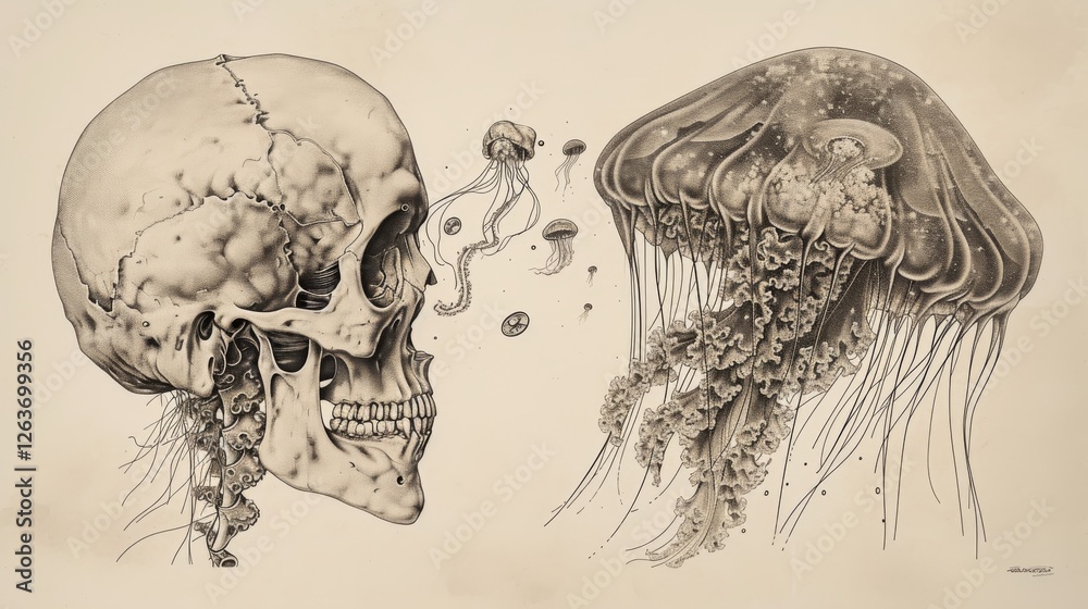 A detailed grayscale artwork merging a human skull and jellyfish, showcasing intricate lines and surreal concepts. Perfect for science and art themes. AI generated.