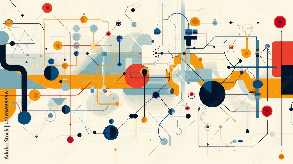 A detailed abstract composition featuring interconnected lines, colorful geometric shapes, and a futuristic design. Ideal for technology and innovation themes. AI generated.
