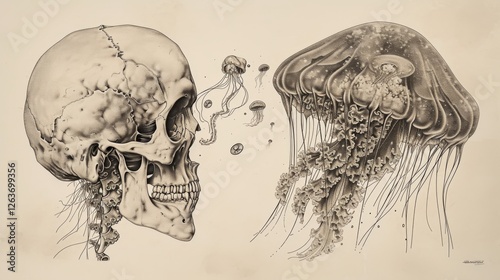 A detailed grayscale artwork merging a human skull and jellyfish, showcasing intricate lines and surreal concepts. Perfect for science and art themes. AI generated.