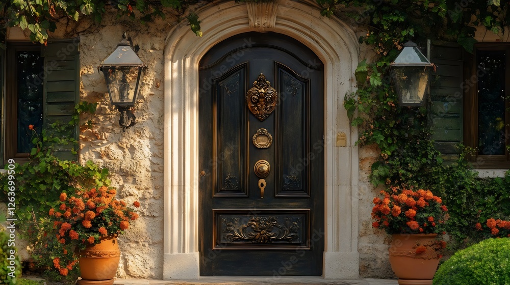 Fototapeta premium A large black door with a gold lion's head knocker