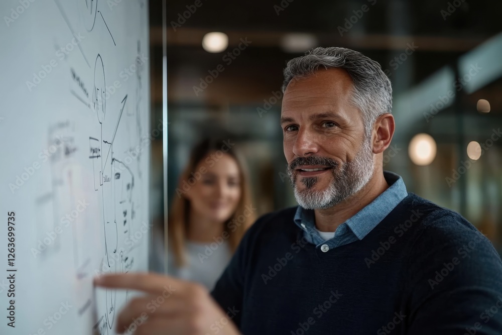 A focused professional man explains ideas on a whiteboard, showcasing his engagement and communication skills during a productive team meeting. A focused professional man explains ideas on a whiteboard, showcasing his engagement and communication skills during a productive team meeting.