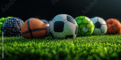 Diverse collection of soccer balls lined up on a vibrant green field during daylight hours